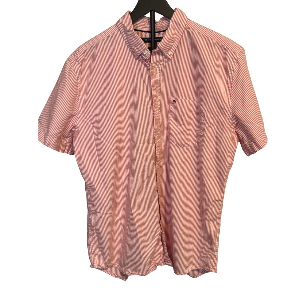 Tommy Hilfiger Classic Fit Pink Stripe Short Sleeve Button Up Shirt Men's L